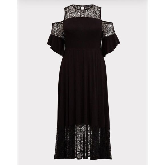 torrid Dresses & Skirts - Torrid Dress 0/L Midi Jersey Cold Shoulder Lace Black Whimsygoth Witchycore Goth